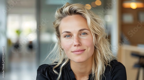 Free Download Young Woman with Natural Beauty Smiling in a Bright Modern Office Environment - GFXLoad