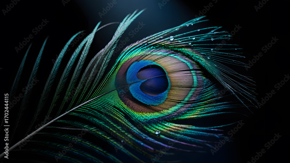 Obraz premium Close-up of a Peacock Feather with Water Droplets