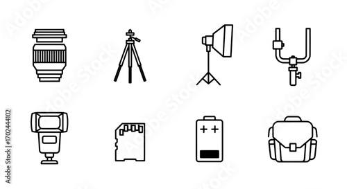 Icons of Photography Equipment and Accessories in Linear Style