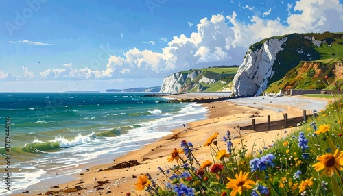 Serene seaside landscape with chalk cliffs, flowers and tranquil turquoise waters