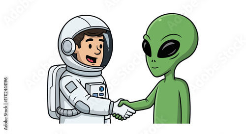 Astronaut and Alien Shaking Hands in Friendly Encounter.