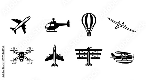 Collection of Aviation Icons Airplane, Helicopter, Drone, and More