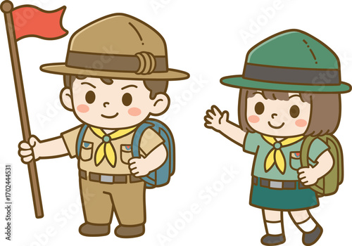 Cartoon scout characters, boy and girl illustration, outdoor adventure, camping kids, vector uniform design, waving gesture, red flag, stock image