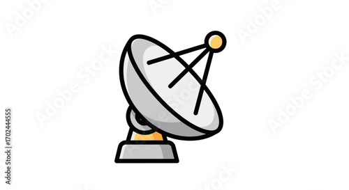 A simple cartoon illustration of a gray satellite dish antenna for communication.