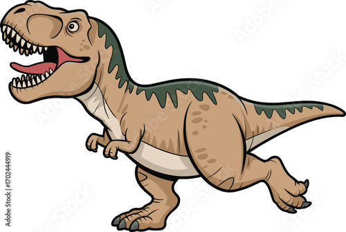 Cartoon T. rex illustration, roaring dinosaur character, prehistoric predator, brown and green reptile, vector animal design, stock image, Jurassic theme