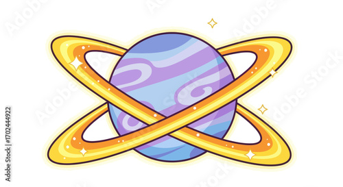 Stylized Planet with Intersecting Golden Rings and Swirling Purple and Blue Hues.