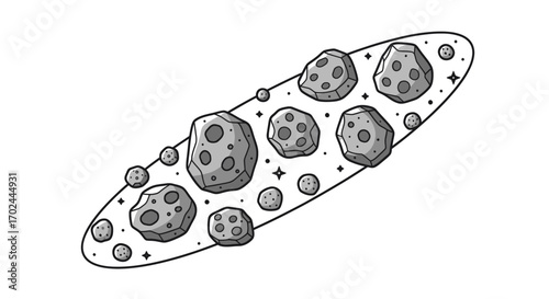 Asteroid Belt Illustration with Gray Scale Rocks and Small Stars.
