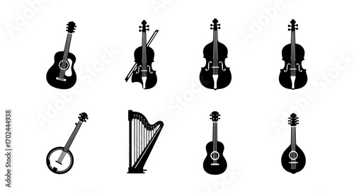 Musical Instruments Collection Guitar, Violin, Harp, and More