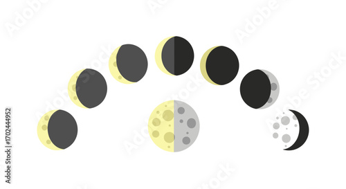 Moon Phases Illustration: Crescent Gibbous Full and New Moon Cycle.