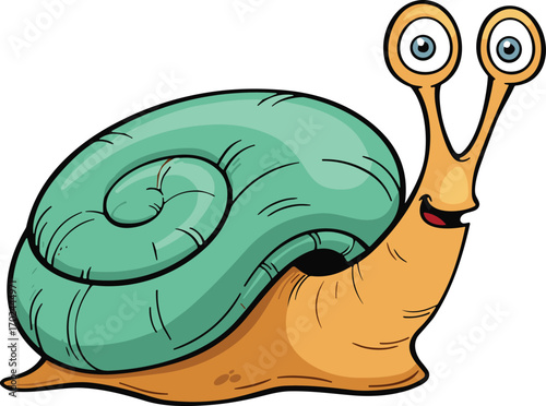 Cartoon snail illustration, teal spiral shell, smiling mollusk character, vector animal design, cute eyes, slow creature, stock image clipart