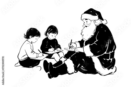 Santa Claus and two children sitting and writing together, black and white ink drawing on white background, concept of Christmas creativity