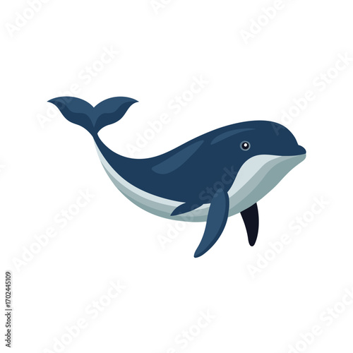 A cute cartoon dark blue whale swimming isolated on white background