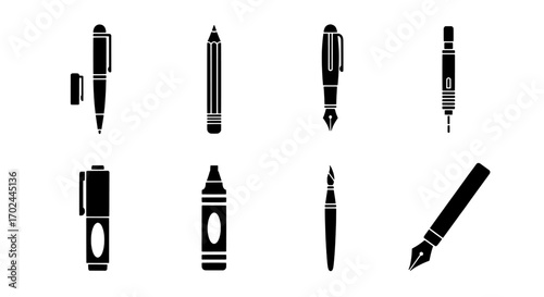 Set of Writing Tools Pens, Pencils, and Crayon Icons