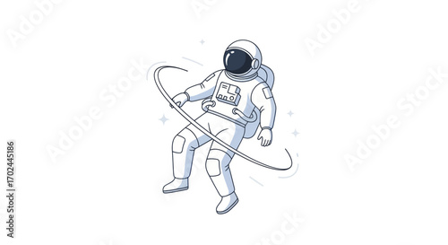 Cartoon Astronaut in Space Suit Floating in Orbit.