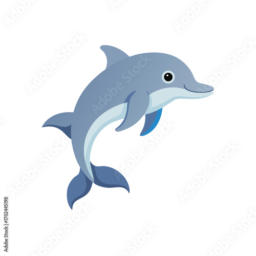 A cute cartoon light blue dolphin jumping isolated on white background