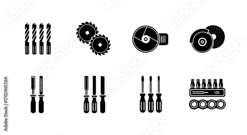 Essential Tools Collection Black and White Icon Set for Woodworking and Metalworking