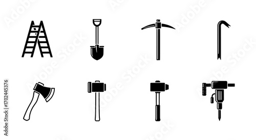 Vector Tools Collection Ladder, Shovel, Pickaxe, Crowbar, Axe, Hammers