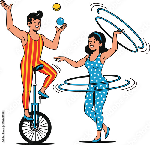Circus performers juggling and hula hooping in colorful costumes, entertaining audience, flat vector illustration, cartoon style, fun performance scene
