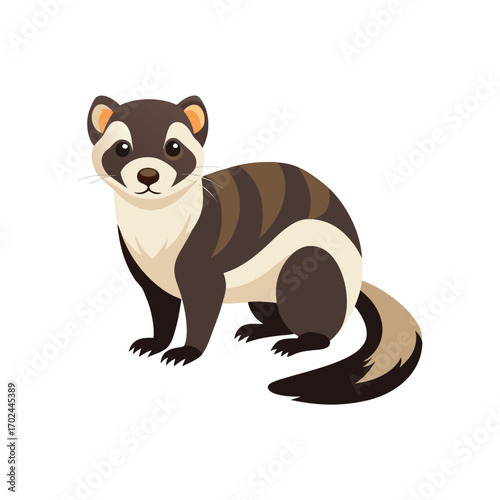 Cute cartoon ferret with brown stripes isolated on white background