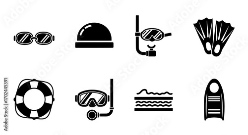 Black and White Scuba Diving and Swimming Gear Icons