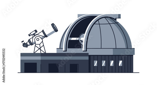 Modern Astronomical Observatory with Telescope Dome and Scientific Equipment.
