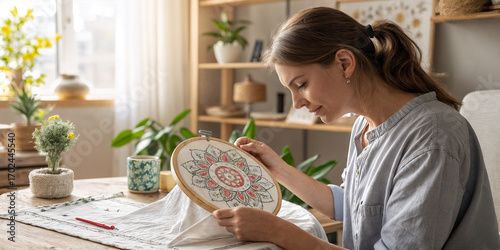 young woman embroidering a pattern on a hoop
