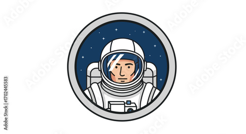 Close-up portrait of an astronaut in a helmet with a starry background.