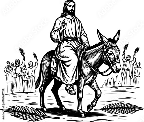 Hand drawn illustration of Jesus enters Jerusalem on a donkey.
