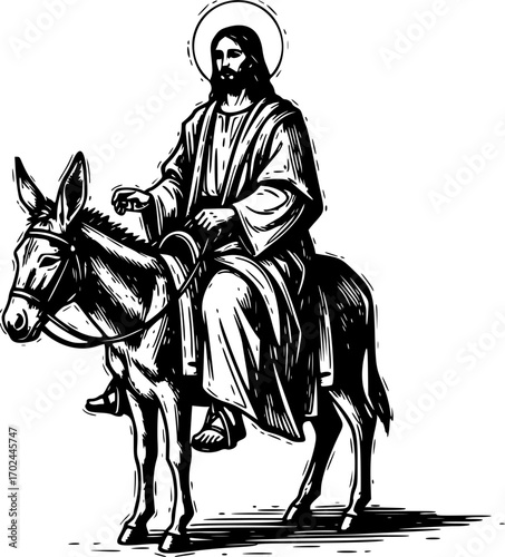 Hand drawn illustration of Jesus enters Jerusalem on a donkey.
