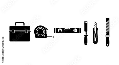 Handyman Tools Vector Icon Set Tool Box, Tape Measure, Level, Chisel, Knife, File