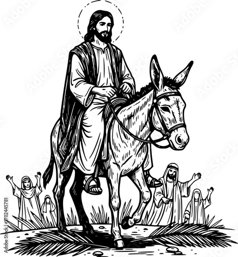 Hand drawn illustration of Jesus enters Jerusalem on a donkey.
