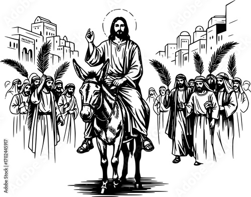 Hand drawn illustration of Jesus enters Jerusalem on a donkey.
