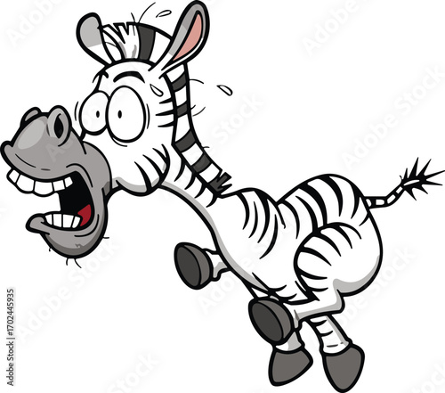 Cartoon zebra character, funny animal illustration, surprised expression, vector clipart, black and white stripes, humor drawing, jumping pose, excited reaction