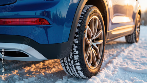 Blue SUV parked on snow, showcasing its winter tires and sleek design, illuminated by warm sunset glow