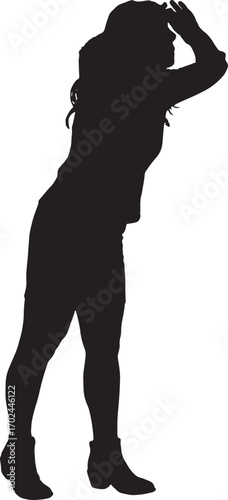 vector,silhouette; of a women standing hand on forehead looking distance