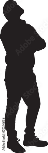 vector,silhouette of a  side view of a man standing,arms crossed looking up