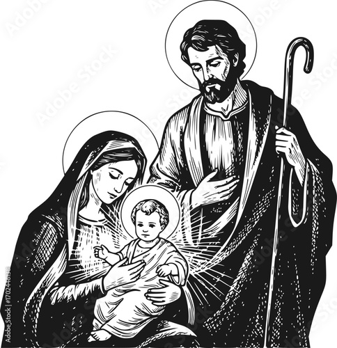 Hand drawn illustration of the Sacred Family.
