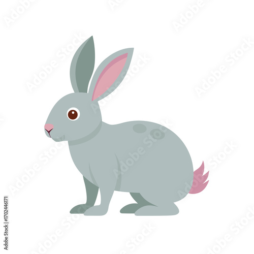 Cute cartoon grey rabbit with pink ears and tail isolated on white background