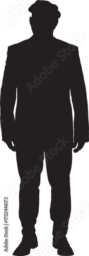 vector,silhouette of a  front view of a full portrait a man with blazer and cap looking at camera
