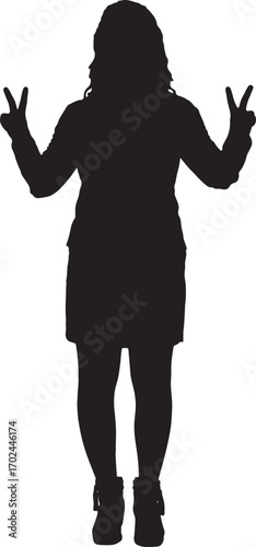 vector,silhouette of front view of a woman standing showing v sign