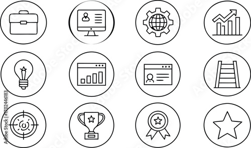 Professional outline icons symbolizing business growth success and ideas scalable vector graphic