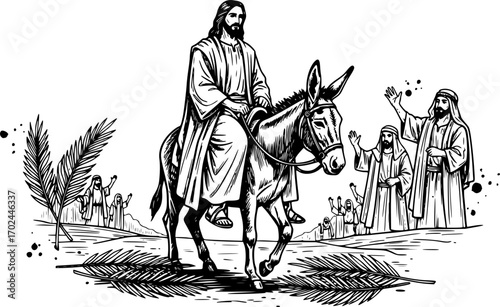 Hand drawn illustration of Jesus entering Jerusalem on a donkey
