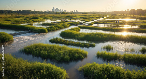 Constructed Wetlands Filtering Floodwaters Before They Reach an Urban Area