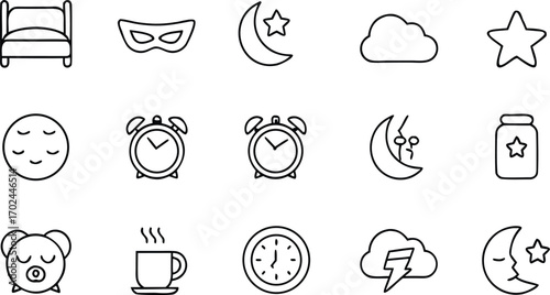 Sleep and rest vector icons outline graphics for bedtime relaxation and healthy habits