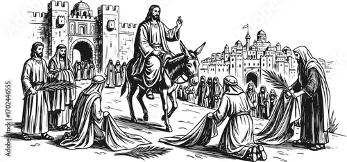 Hand drawn illustration of Jesus entering Jerusalem on a donkey
