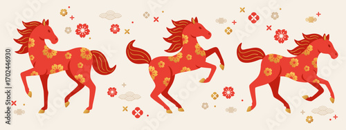 Chinese Zodiac Fire Horse silhouette icon set isolated on white background. Floral gold pattern. Vector illustration. Happy New Year 2026 Symbol. Asian Christmas calendar cover art. China poster