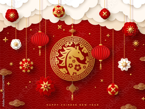 Chinese banner, Happy New Year 2026 poster. Lunar Horse gold emblem logo, 3d flowers, asian lanterns, paper clouds on red background. Vector illustration. China holiday sale flyer. Place for text