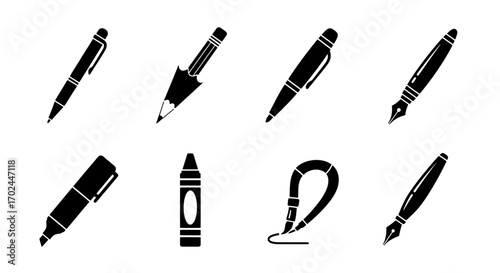 Assorted Writing Instruments Pens, Pencils, and Markers in Black and White