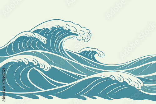Vector art of dynamic ocean waves with swirling crests and flowing lines, capturing the power and beauty of the sea against a serene background