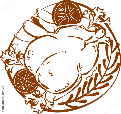 Hand drawn image of the dish with baked turkey with herbs, lemons and vegetables. Outline, sketch, doodle. Design element.